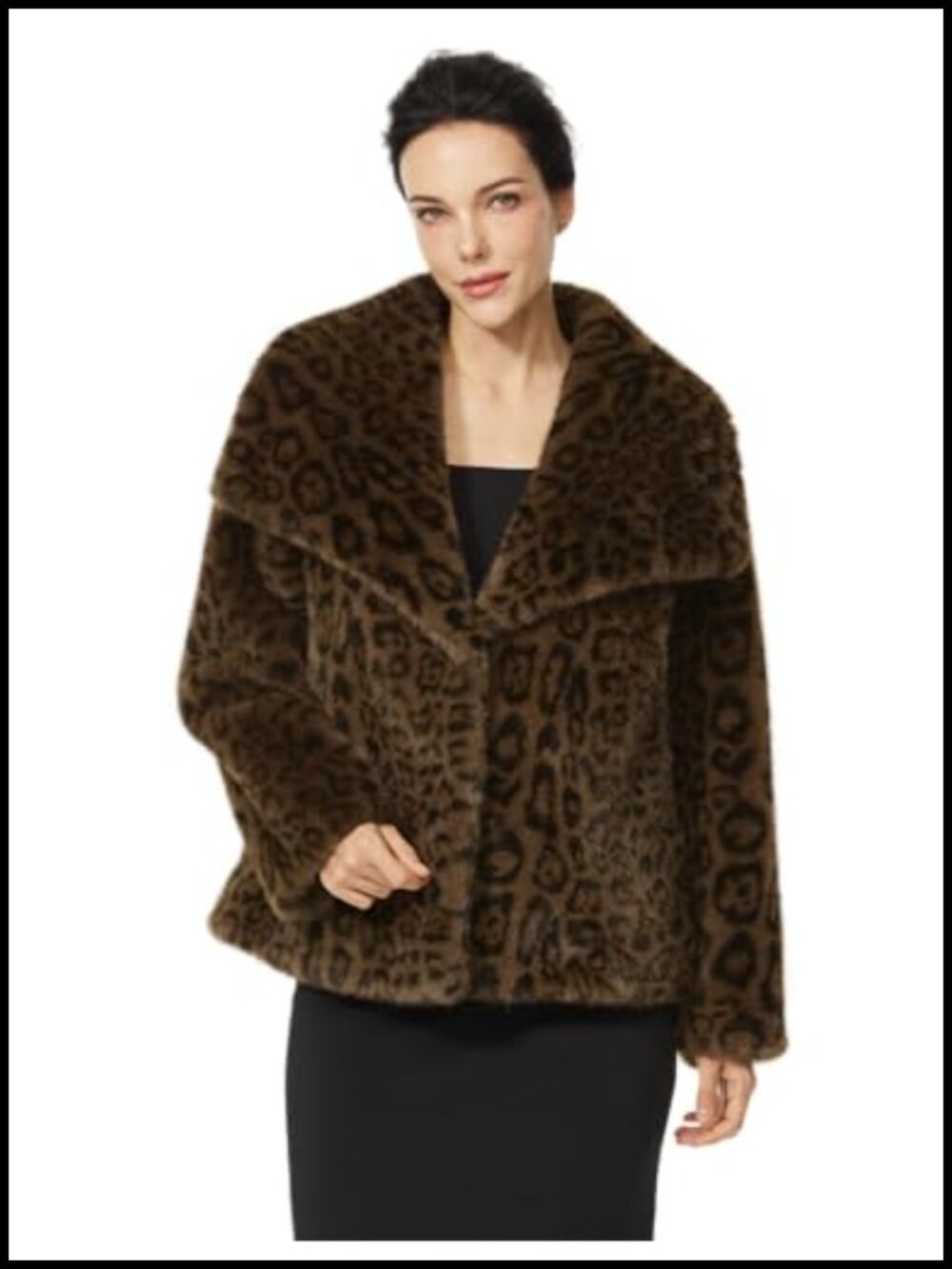 Women Cropped Faux Fur Leopard Coat Pockets Lapel Shaggy Furry Winter Jacket